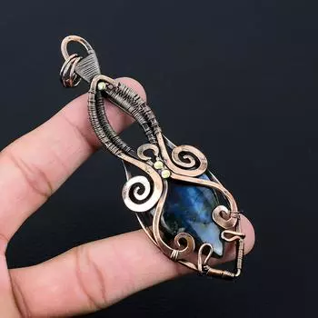 Лабрадорит, драгоценный камень, чистая медная проволока, обернутая подвеской ручной работы, ювелирное изделие для нее 4.33 Inches синий