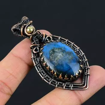 Лабрадорит Драгоценный камень Чистая медная проволока Обернутая ювелирная подвеска ручной работы 2.56 Inches синий