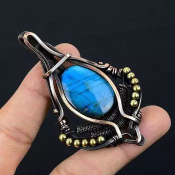 Лабрадорит Драгоценный камень Чистая медная проволока Обернутый дизайнерский кулон ручной работы Ювелирный подарок 3.15 синий