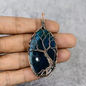 Лабрадорит драгоценный камень чистая медная проволока обертывание ювелирные изделия ручной работы кулон 2.36 inches синий