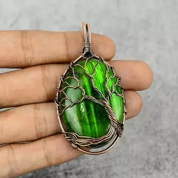 Лабрадорит драгоценный камень чистая медная проволока обертывание ювелирные изделия ручной работы кулон 2.44 inches зелёный