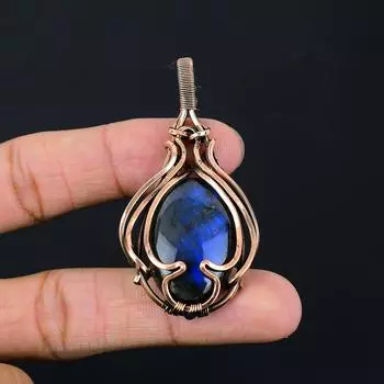 Лабрадорит, драгоценный камень, кулон ручной работы из чистой медной проволоки, обернутый ювелирными изделиями на День Благодарения 2.36 Inches синий