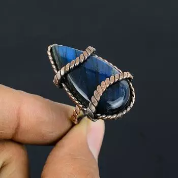 Лабрадорит драгоценный камень медная проволока обернутая ювелирное кольцо ручной работы для свадебного подарка все размеры 4 синий