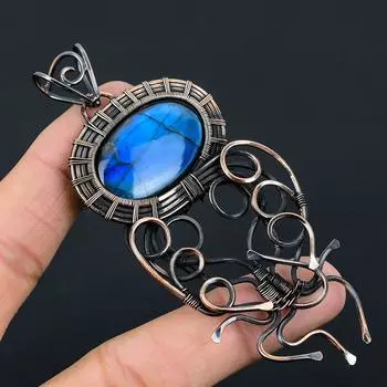 Лабрадорит Драгоценный камень Медная проволока Обертывание ручной работы Кулон Ювелирный подарок для любви 4.01 Inches синий
