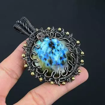 Лабрадорит, драгоценный камень, медная проволока ручной работы, ювелирные изделия, великолепная подвеска для женщин 3.07 Inches синий