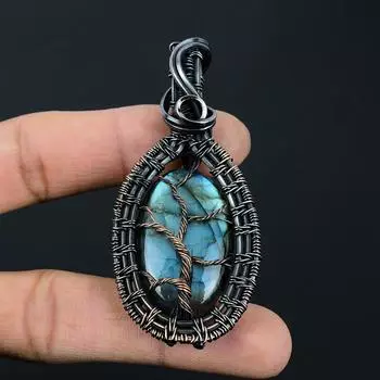 Лабрадорит, драгоценный камень, подвеска ручной работы из чистой медной проволоки, обернутая ювелирными изделиями на День памяти 2.56 Inches синий