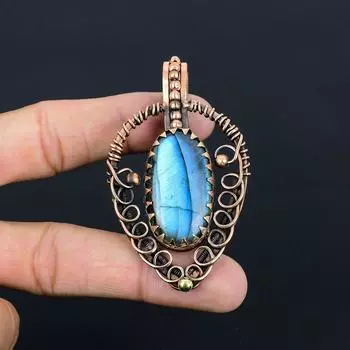 Лабрадорит, драгоценный камень, подвеска ручной работы из чистой медной проволоки, обернутая ювелирными изделиями 2.95 Inches синий