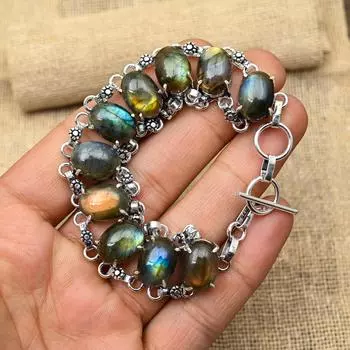 Лабрадорит драгоценный камень ручной работы 925 твердых ювелирных изделий из стерлингового серебра удивительный браслет для женщин