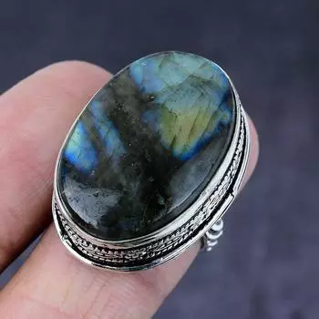 Лабрадорит драгоценный камень ручной работы из серебра 925 пробы подарок ювелирное изделие кольцо размер 7 e9B92