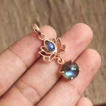 Лабрадорит Драгоценный камень с покрытием из розового золота 100% стерлингового серебра 925 пробы Женский кулон в виде лотоса ручной работы розового золота