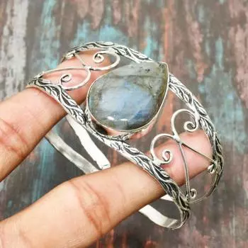 Лабрадорит Драгоценный камень Стерлинговое серебро 925 пробы Замечательный браслет ручной работы Регулируемые ювелирные изделия синий