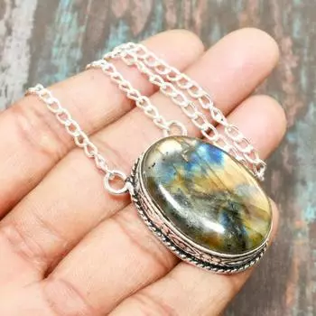 Лабрадорит драгоценный камень стерлингового серебра 925 пробы удивительное ювелирное ожерелье ручной работы 19 inches синий