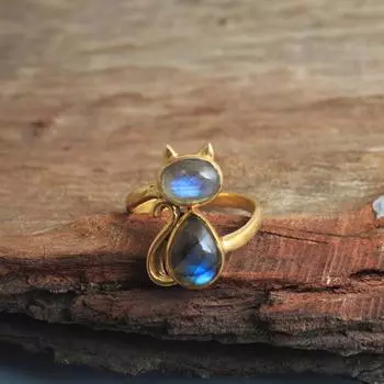 Лабрадорит Драгоценный Камень Желтое Золото Позолоченное Кольцо Кошка 100% Стерлингового Серебра 925 Пробы Ювелирные Изделия 5 жёлтый/золотой