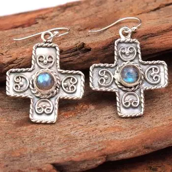 Лабрадорит Гранат Серьги, Серебряные украшения, Натуральный драгоценный камень, Серьги ручной работы, Ювелирные изделия с драгоценными камнями синий