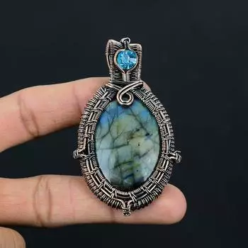 Лабрадорит и синий топаз, драгоценный камень, обертка из чистой медной проволоки, уникальный ювелирный кулон ручной работы 2.56 Inches синий