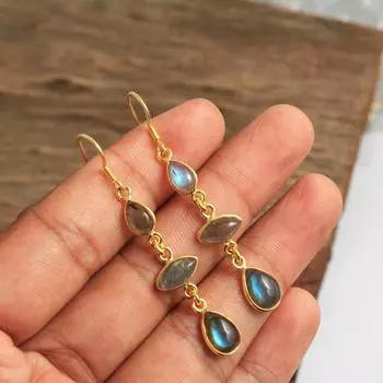 Лабрадорит Лунный камень Желтое золото Позолоченные серьги-подвески из стерлингового серебра 925 пробы Женские украшения синий
