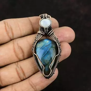 Лабрадорит Медный Кулон Медная Проволока Обернутый Драгоценный Камень Кулон Радуга Лунный Камень Ювелирные Изделия Дизайнерский Подвеска Подарок Для Матери Ювелирные Изделия Ручной Работы