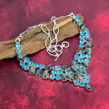 Лабрадорит, ожерелье с голубым топазом, драгоценные камни, ожерелье из чистого серебра 925 пробы, ювелирные изделия ручной работы, ожерелье с камнем по случаю рождения, подарок для него Adjustable With 18 Inches синий