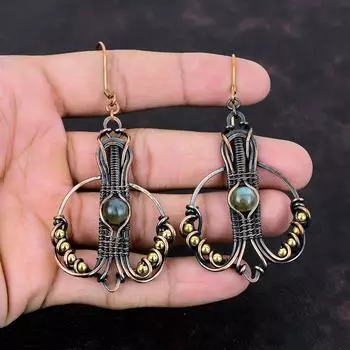 Лабрадорит Серьги Медная проволока Обернутые серьги Лабрадорит Ювелирные изделия Драгоценные камни Серьги ручной работы Антикварные медные украшения Подарок для женщин