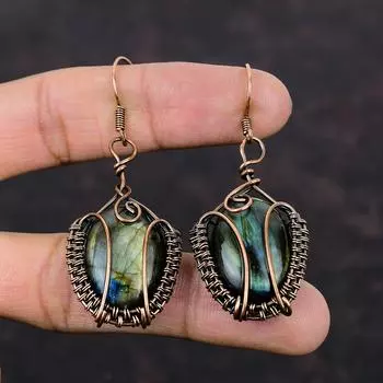 Лабрадорит Серьги Медная проволока Обернутые серьги Драгоценные камни Ювелирные изделия Серьги ручной работы Медная проволока Обернутые украшения Подарок для мамы Дизайнерские серьги