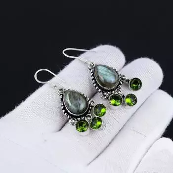 Лабрадорит, серьги с перидотом, серьги с драгоценными камнями, старинные серебряные серьги с драгоценными камнями, ювелирные изделия из цельного серебра 925 пробы, серьги с драгоценными камнями для нее 1.57 зелёный/чёрный