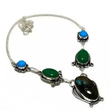 Лабрадорит, зеленый оникс, 925 проба, посеребренное ювелирное ожерелье, 18 дюймов 18 чёрный