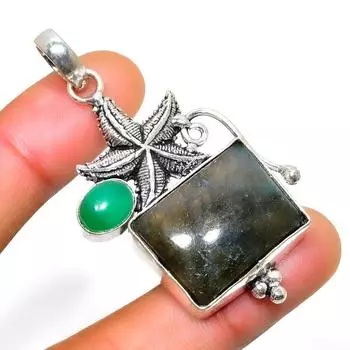 Лабрадорит, зеленый оникс, драгоценный камень 925, посеребренный ювелирный кулон 2,08 дюйма 2.08 чёрный