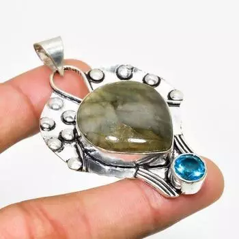 Подвеска из серебра 925 пробы с лабрадоритом и голубым топазом 2,27 дюйма 2.27 чёрный
