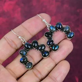Labradorite Earrings, 925 Solid Sterling Silver Gemstone Handmade Earrings Jewelry, Gift For Mother 1.85 Inches