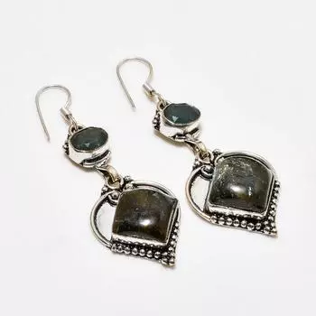 Лабрадорит, Изумруд(Смоделированный) Серьги с покрытием из серебра 925 пробы, 2,27 дюйма