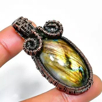 Подвеска из медной проволоки ручной работы с драгоценным камнем лабрадоритом 2,05 дюйма 2.05 чёрный