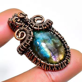 Подвеска из медной проволоки ручной работы с драгоценным камнем лабрадоритом 1,38 дюйма 1.38 чёрный