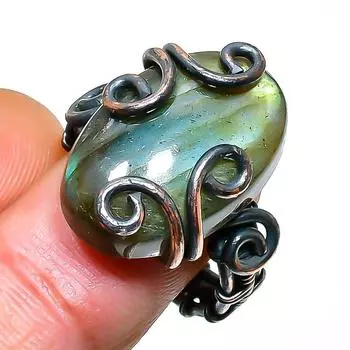 Кольцо с драгоценным камнем лабрадорит, размер 7, ручная работа, медная проволока