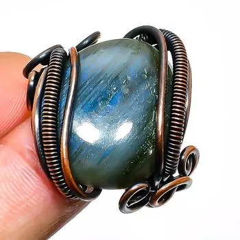 Ювелирное кольцо ручной работы из медной проволоки с лабрадоритом, размер 8