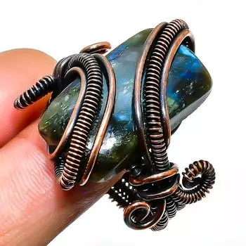 Кольцо с драгоценным камнем лабрадорит, размер 11, ручная работа, медная проволока