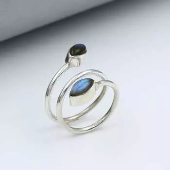 Кольцо с драгоценным камнем лабрадорит, кольцо из цельного серебра 925 пробы, эффектное кольцо, серебряные украшения, кольцо с камнем по месяцу рождения, составное кольцо, женское кольцо 6