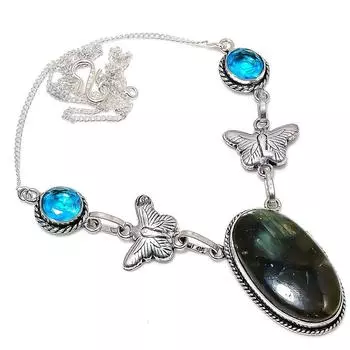 Labradorite Handmade Gemstone 925 Sterling Silver Jewelry Necklace 18 h4c15 чёрный