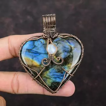 Подвеска из лабрадорита, подвеска из медной проволоки, подвеска из радужного лунного камня, ручная работа, медное ювелирное украшение, подарок для нее, подвеска в форме сердца