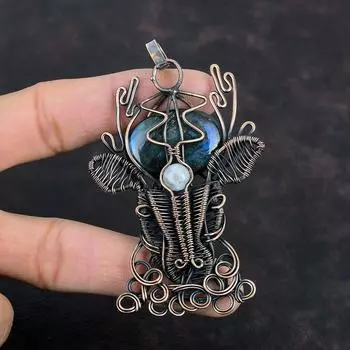 Подвеска из лабрадорита, медная проволочная обертка, радужный лунный камень, драгоценный камень, кулон ручной работы в виде оленьей морды, дизайнерские украшения, подарки для мамы