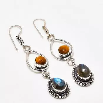 Серьги с лабрадоритом, тигровым глазом, посеребренные 925 пробы, 2,27 дюйма