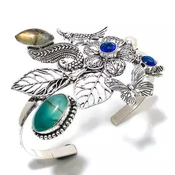 Labradorite, Topaz Gemstone 925 Sterling Silver Cuff Bangle Adjustable n1N88