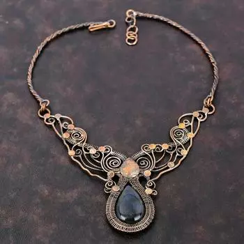 Лабрадоритовое ожерелье, ожерелье из медной проволоки, регулируемое ожерелье, проволочная обмотка, ювелирные изделия из драгоценных камней, изысканные медные украшения ручной работы, свадебный подарок