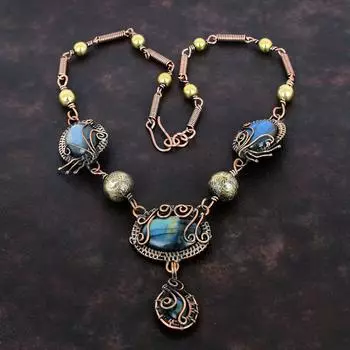 Лабрадоритовое ожерелье, ожерелье из медной проволоки, ювелирные изделия из настоящего драгоценного камня, регулируемое ожерелье, медная проволока ручной работы, ювелирные изделия, свадебные подарки