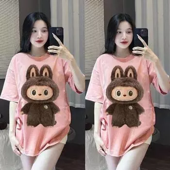 Labubu BROWN мужская и женская футболка унисекс с коротким рукавом, свободная футболка унисекс 2XS розовый