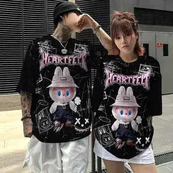 Labubu Мужская и женская футболка с рисунком из джерси большого размера для спорта на открытом воздухе в корейском стиле, футболка с топом Blockcore для пары 2XS белый