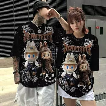 Labubu Мужская и женская футболка с рисунком Футболка большого размера для спорта на открытом воздухе Корейская версия Парная мультяшная футболка с коротким рукавом 2XS коричневый