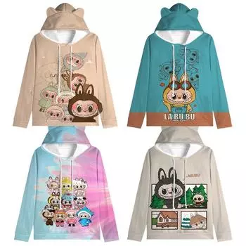 Labubu Pullover Kids Hoodie Sweatshirts Cat Ears Cartoon Sweatshirt Teens Boys Girls Cosplay Costume Hoodies 100 белый