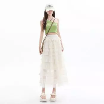 Lace Big Sway A-line Skirt Skirt Summer Temperament Tassel-edged Loose High-waist Midi Skirt for Women Summer XS