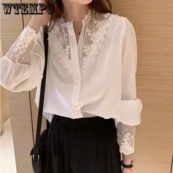 Женская кружевная рубашка Sense Spring and Autumn Design Niche Style, парный топ и рубашка в стиле пэчворк S белый