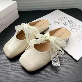 Lace bow half slippers women s spring and summer new outer wear silver thick heel soft leather shoes bag head slippers 35